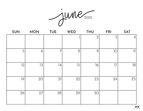 June 2022 Calendars - 25 FREE Printables | Printabulls