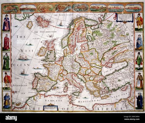 17th century Map of Europe with towns and costumes of the people of London, Paris, Rome ...
