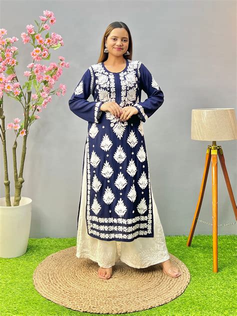 Navy Blue Modal Chikankari Kurta – Classic Lucknowi Craftsmanship – R S ...