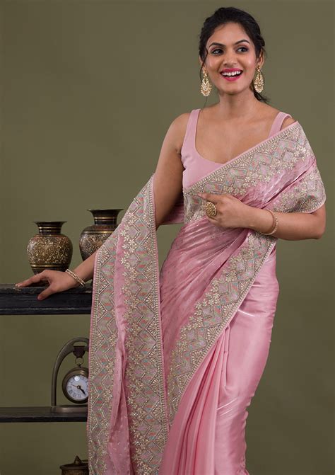 Buy Pink Stonework Satin Saree - Koskii