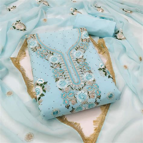 Sky Blue Georgette Dress Material With Exquisite Floral Embroidery & S