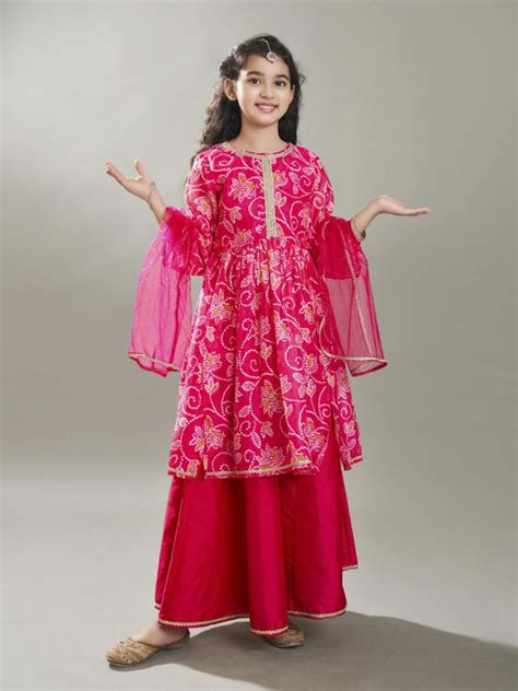 Bitiya by Bhama Girls pink Ethnic motifs Printed Kurta with Palazzos w