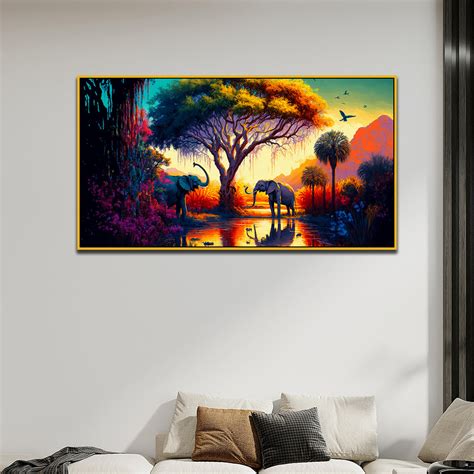 African Elephant in Tropical Jungle Floating Frame Canvas Wall Paintin ...