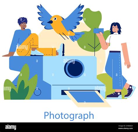 Birdwatching concept. Enthusiasts with camera capture the beauty of a flying bird in nature ...