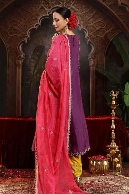 Buy Purple Chanderi Silk Embroidery Round Neck Hand Suit Set For Women ...