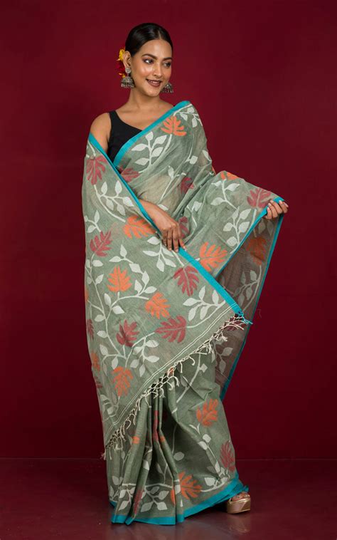 Hand Woven Jangla Jaal Work Cotton Dhakai Jamdani Saree in Gray Green ...