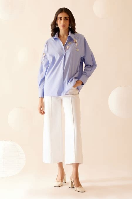 Buy Blue 100% Cotton Poplin Hand Embroidered Floral Collared Nisha ...