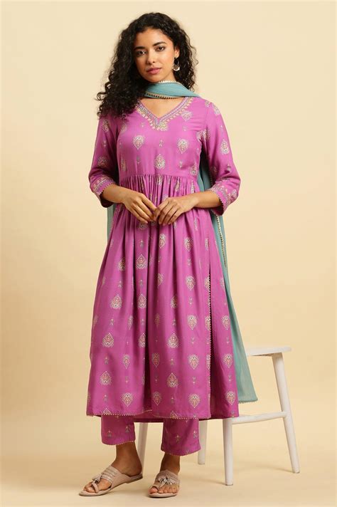 Buy Purple Paisley Printed Kurta, Pants and Dupatta Set Online for ...