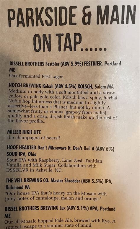 Menu at Parkside & Main restaurant, Rangeley