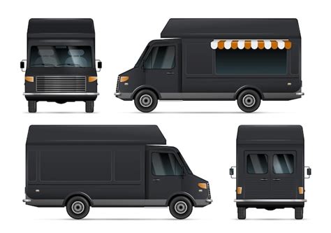 Realistic set of black food trucks mockup front back and side views ...