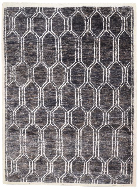 Hand Knotted Charcoal Wool / Jute Rug 6X7 Modern Scandinavian Trellis