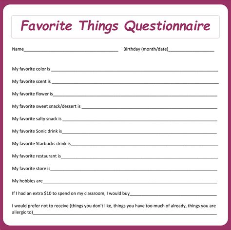 Printable My Favorite Things Template - Printable JD