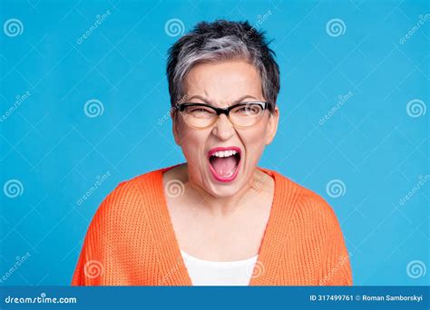 Photo of Aged Lady Yell Loud Wear Orange Cardigan Isolated on Blue ...