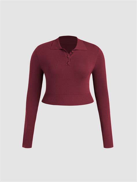 Knit Fabric Knit Polo Solid Long Sleeve Top Curve & Plus For Daily Casual