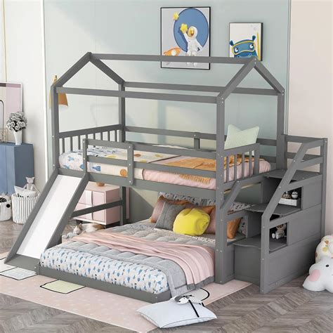 MERITLINE Twin Over Full Bunk Bed with Stairs House India | Ubuy