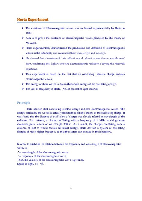 EM Waves and Hertz Experiment: Confirmation of Maxwell's Theory - Studocu