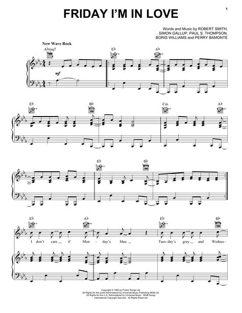 Friday I'm In Love by The Cure Sheet Music for Piano, Vocal & Guitar Chords (Right-Hand Melody ...