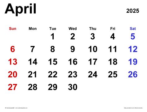 April 2025 Calendar | Templates for PDF, Excel and Word