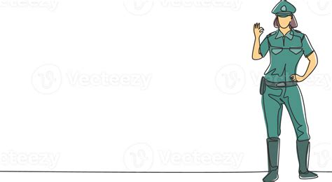 Single continuous line drawing policewoman standing with gesture okay ...