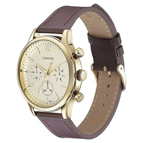 Buy Online Sonata Quartz Multifunction Golden Dial Brown Leather Strap ...