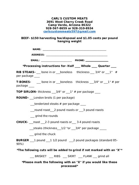 Image result for Beef Processing Order Form