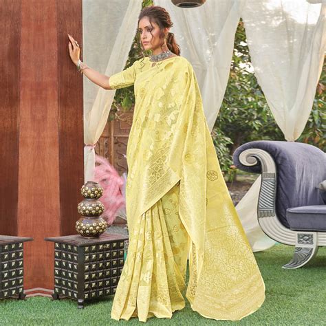 Yellow Woven Cotton Blend Saree