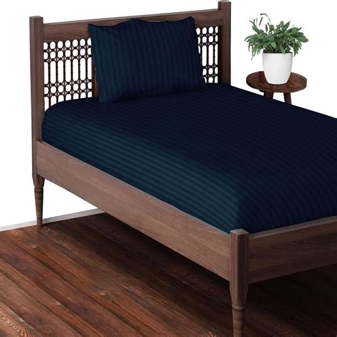 Pure Cotton Satin Stripe Single Bedsheet with Pillow Cover - Navy Blue ...