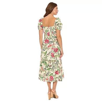 Women's London Times Floral Squareneck Puff Sleeve Empire Waist Midi Dress