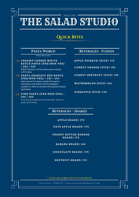 Menu at The salad studio, Healthy Rooftop restaurant, Bengaluru