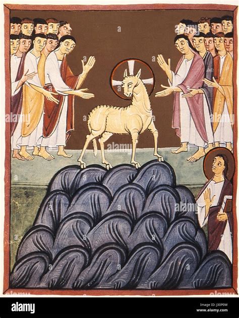 This medieval illustration from the Bamberg Apocalypse Folio depicts a ...