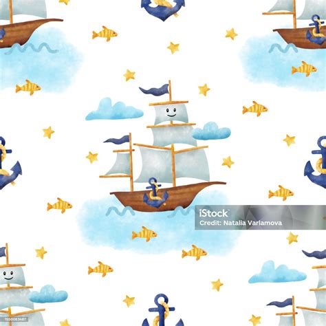Seamless Pattern With Cute Sailing Ship And Anchor Hand Drawn ...