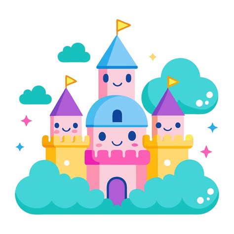 A cartoon castle with three towers smiling faces and blue clouds ...