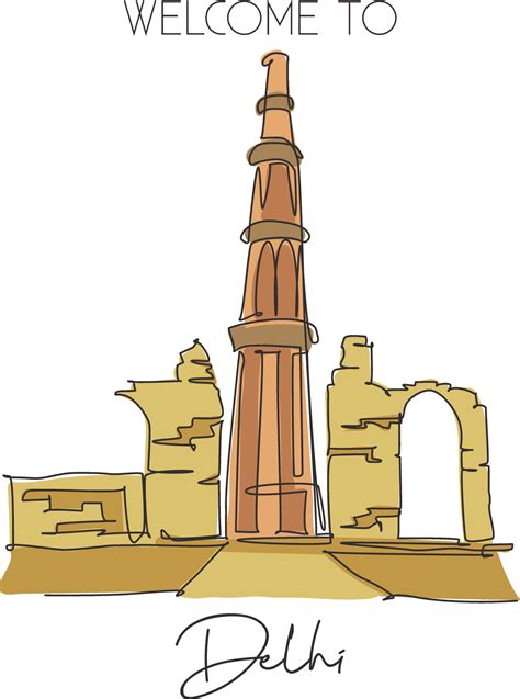 een ononderbroken lijntekening qutub minar moskee landmark. heilige islamitische plaats in delhi ...