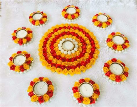 Buy Urban Turtle® Handmade Artificial Flower Rangoli Mat Tealight ...