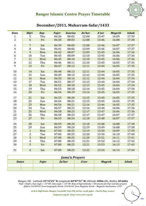 Quwwatul Islam Prayer Timetable