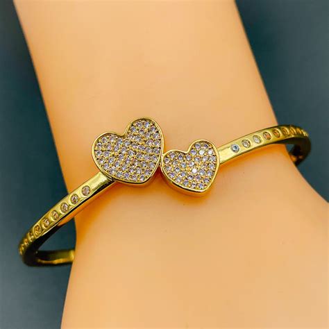 Dual Heart Love Cubic Zirconia 18K Gold bangle Kada for Women – ZIVOM