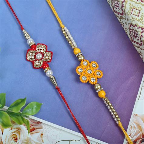Send Red Yellow Zardosi Rakhi Set Online | Rakhibazaar.com