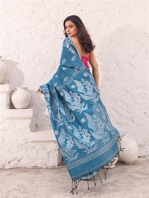 Teal Pure Cotton Soft Saree With Nakshi Designs – Charukriti