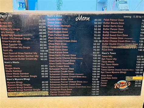 Menu at Nani's Tiffins, Hyderabad, URBAN JUNCTION