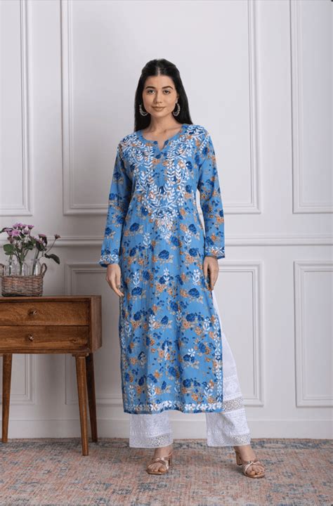 Fizaa Mul Printed Hand Embroidery Chikankari Kurta- Blue - House Of ...