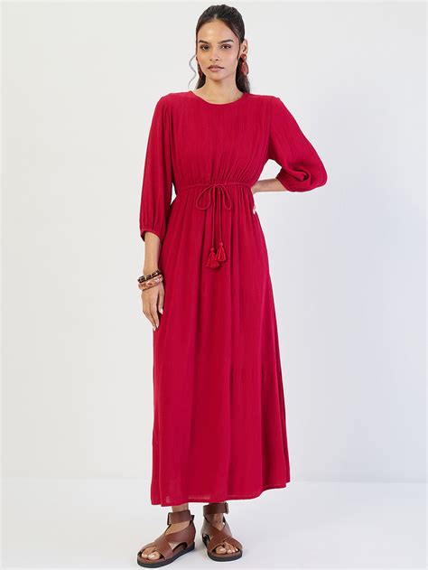 Deep Red Crinkled Round Neck Maxi Dress