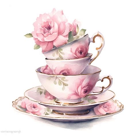 There are three cups and saucers with pink flowers on them generative ...