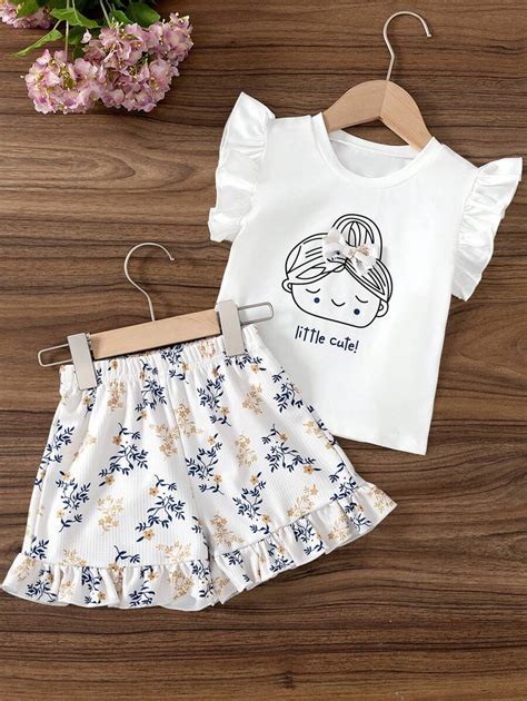 2pcs/Set Young Girl Cute Cartoon Girl Print Short Sleeve T-Shirt ...