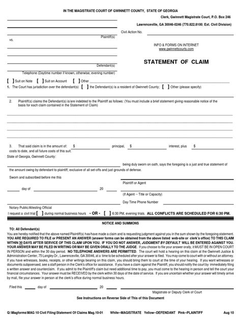 Statement of Claim for Civil Action in the Magistrate Court of Gwinnett ...