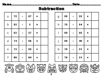 100 Monsters Math Worksheets, Second Grade Subtraction up to 100 ...