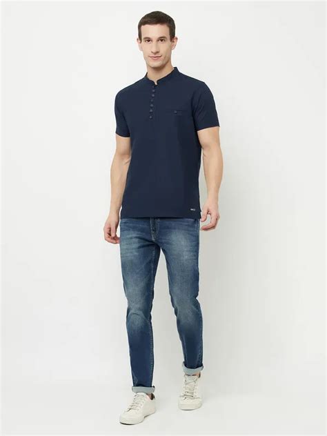 Octave Men Navy Blue Mandarin Collar T-shirt