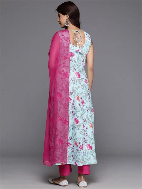 Varanga Women Blue Floral Printed Anarkali Kurta With Tonal Bottom And ...