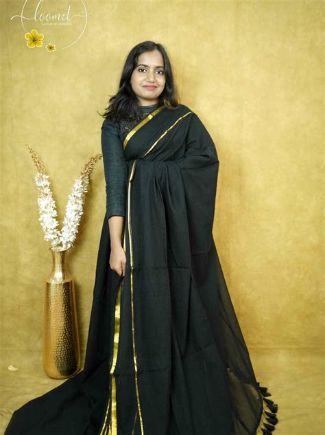ASB25639 Jet Black Mul-Cotton saree with plain body pattern. – Loomet ...