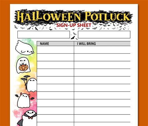 Halloween Potluck Sign up Sheet Printable Letter Size, Halloween Dinner ...