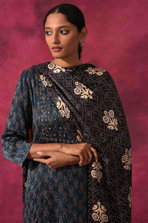 Buy Black Ajrakh Printed Drape In Lustrous Modal Satin @ 1999 | W for ...